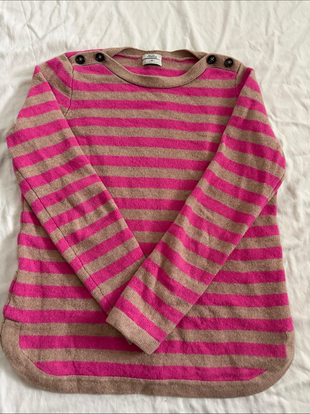 Striped 100% Merino wool. Button-Shoulder Crewneck Sweater - Pink and Tan